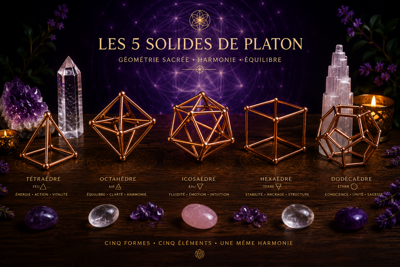 Les cinq solides de Platon en cuivre